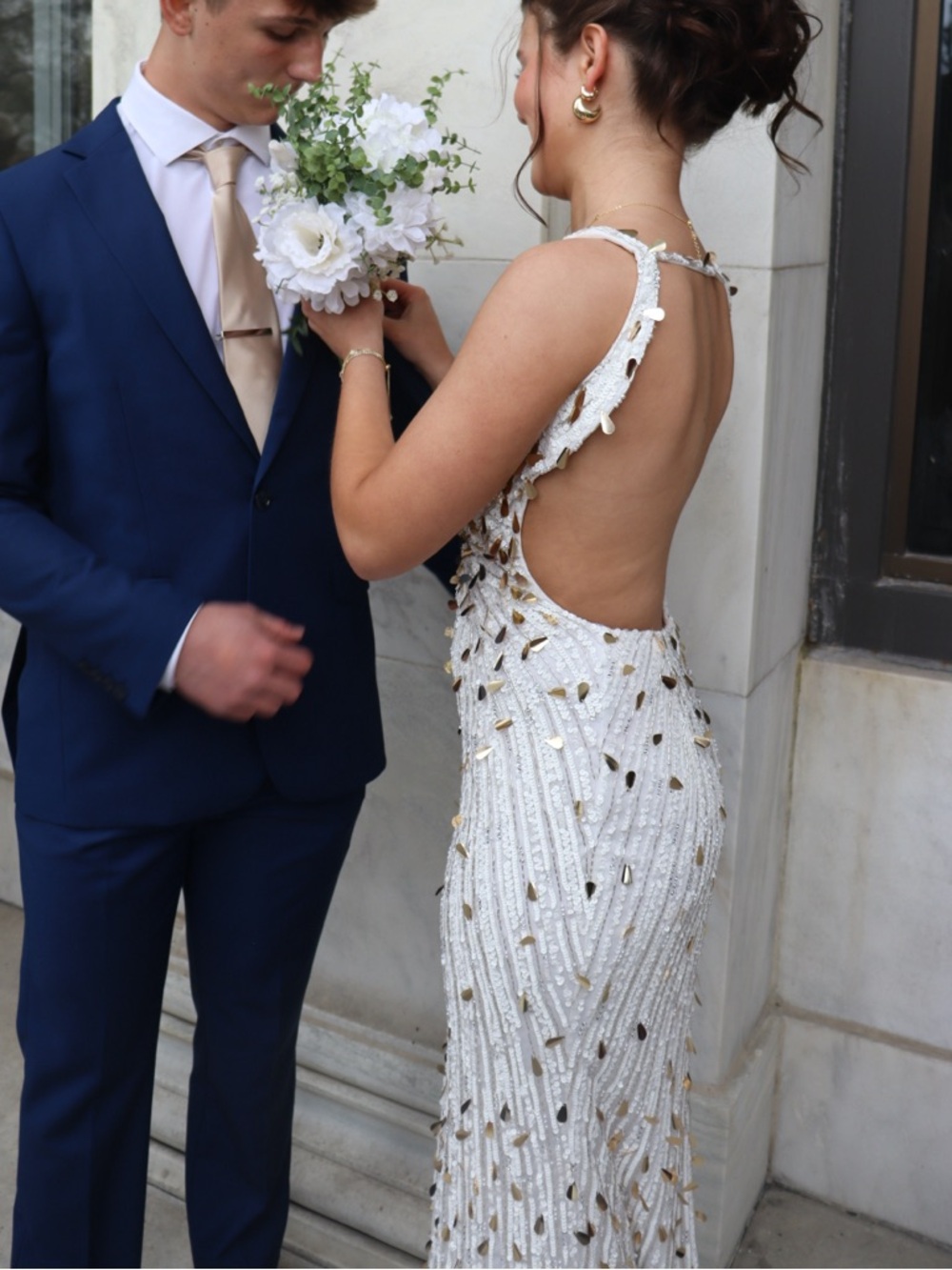 Elegant White Sequin Gown with Gold Accents - Women Dresses - Picture 3 of 5